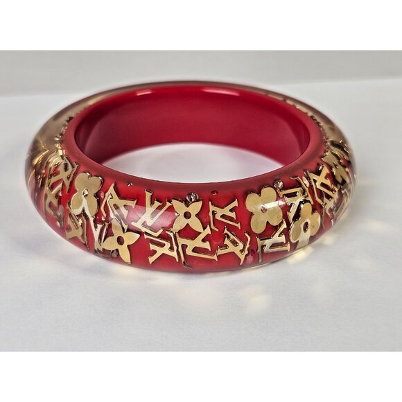 LOUIS VUITTON Red Monogram Inclusion Bracelet GM Charm Bangle Gold LV Logo Charm - Picture 9 of 14